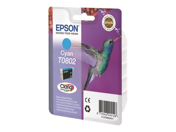 Epson T0802 - 7.4 ml - Cyan - Original - Blisterverpackung - Tintenpatrone - für Stylus Photo P50, PX650, PX660, PX700, PX710, PX720, PX730, PX800, PX810, PX820, PX830