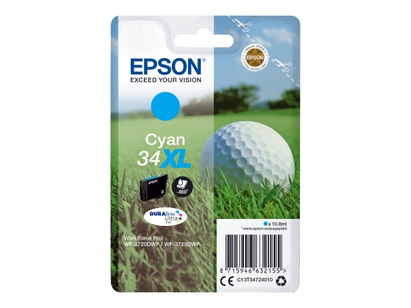 Epson 34XL - 10.8 ml - XL - Cyan - Original - Tintenpatrone - für WorkForce Pro WF-3720, WF-3720DWF, WF-3725DWF
