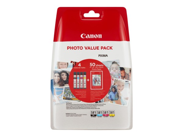 Canon CLI-581 C/M/Y/BK Photo Value Pack - 4er-Pack - 5.6 ml - Schwarz, Gelb, Cyan, Magenta - Original - Tintenbehälter- / Papierpaket - für PIXMA TS6251, TS6350, TS6351, TS8251, TS8252, TS8350, TS8351, TS8352, TS9550, TS9551