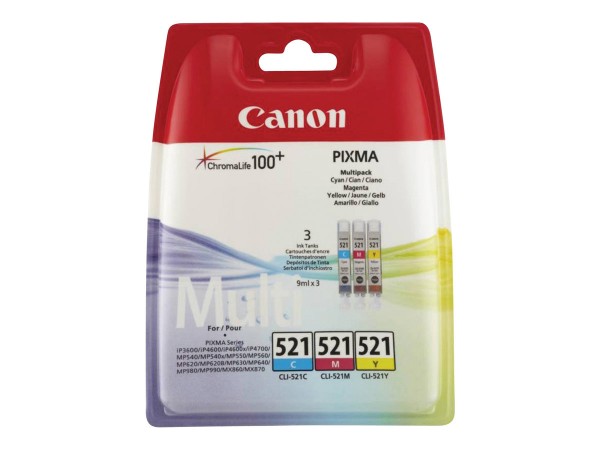 Canon CLI-521 Multipack - 3er-Pack - 9 ml - Gelb, Cyan, Magenta - Original - Tintenbehälter - für PIXMA iP3600, iP4700, MP540, MP550, MP560, MP620, MP630, MP640, MP980, MP990, MX860, MX870