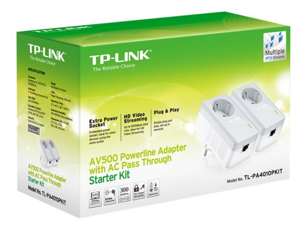 TP-Link TL-PA4010PKIT AV500+ Powerline Kit with AC Pass Through - Powerline Adapterkit - HomePlug AV (HPAV) - an Wandsteckdose anschließbar (Packung mit 2)