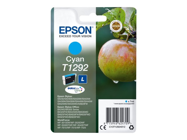 Epson T1292 - 7 ml - L-Größe - Cyan - Original - Blisterverpackung - Tintenpatrone - für Stylus SX230, SX235, SX430, SX438; WorkForce WF-3010, 3520, 3530, 3540, 7015, 7515, 7525