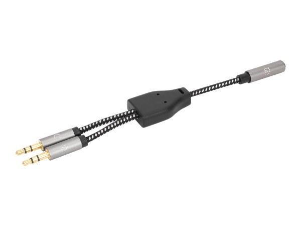 Manhattan Headset Adapter Cable with Stereo Audio Y-Splitter, 3.5mm, Aux, 15cm, Female/2x Male, Splits Single Headset Plug into Microphone and Audio Plugs, Slim Design, Black/Silver, Gold plated contacts and pure oxygen-free copper wire, Lifetime Warranty - Headset-Splitter - Mini-Phone Stereo 3,5 mm 4-polig weiblich zu Stereo Mini-Klinkenstecker männlich - 15 cm - Schwarz, Silber