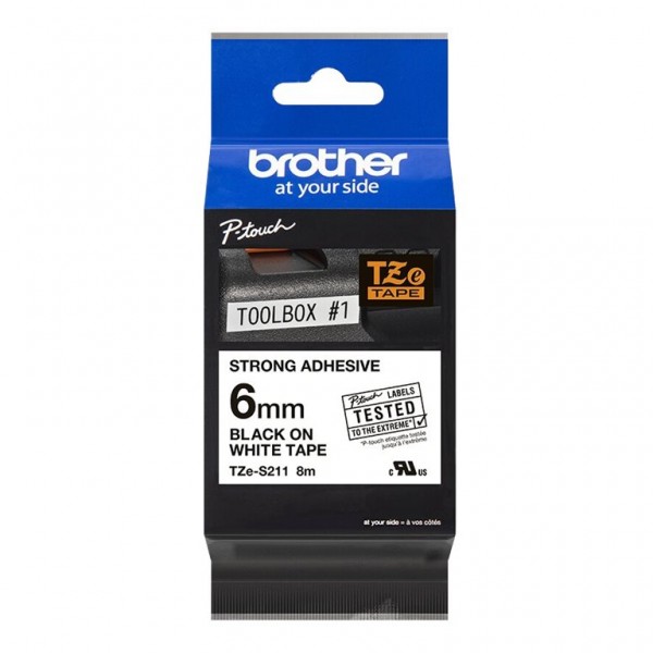 Brother TZe-S211 - Extrem stark haftend - Schwarz auf Weiß - Rolle (0,6 cm x 8 m) 1 Kassette(n) laminiertes Band - für P-Touch PT-P900Wc