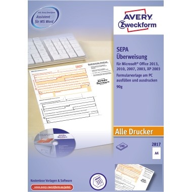 Avery Zweckform Überweisung 2817 DIN A4 inkl. Software 100 Bl./Pack.