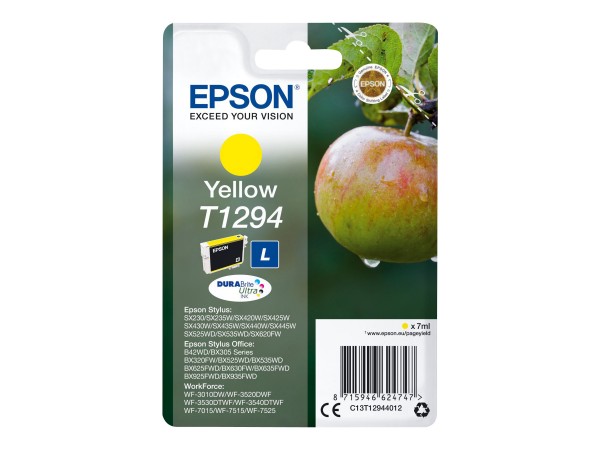 Epson T1294 - 7 ml - L-Größe - Gelb - Original - Blisterverpackung - Tintenpatrone - für Stylus SX230, SX235, SX430, SX438; WorkForce WF-3010, 3520, 3530, 3540, 7015, 7515, 7525