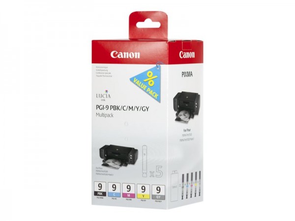 Canon PGI-9 PBK/C/M/Y/GY Multi-Pack - 5er-Pack - Grau, Gelb, Cyan, Magenta, Photo schwarz - Original - Tintenbehälter - für PIXMA iX7000, MX7600, Pro9500, Pro9500 Mark II