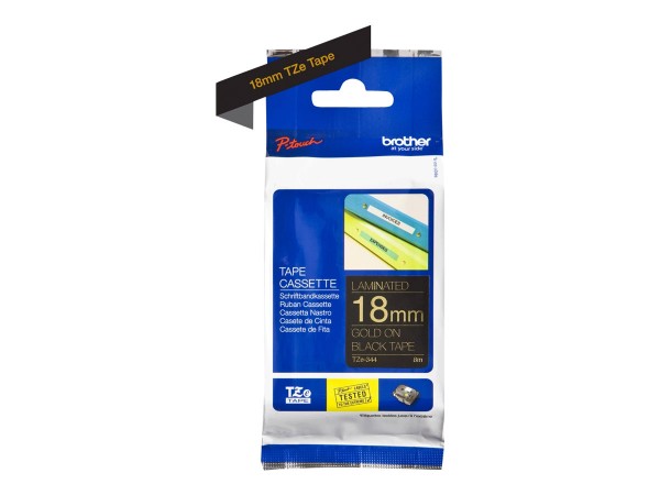 Brother TZe-344 - Standard-Klebstoff - gold auf schwarz - Rolle (1,8 cm x 8 m) 1 Kassette(n) laminiertes Band - für Brother PT-D600, P750, P950; P-Touch PT-1880, D450, D800, E550, E800, P750, P900, P950