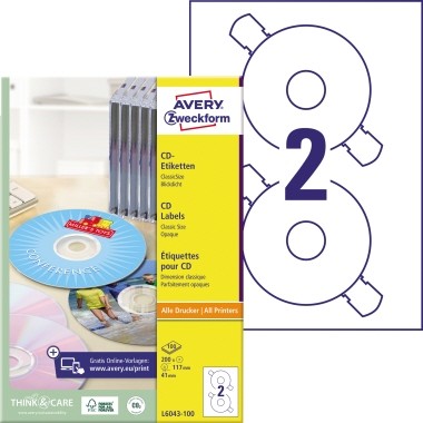 Avery Zweckform CD/DVD-Etikett L6043-100 matt weiß 200 St./Pack.