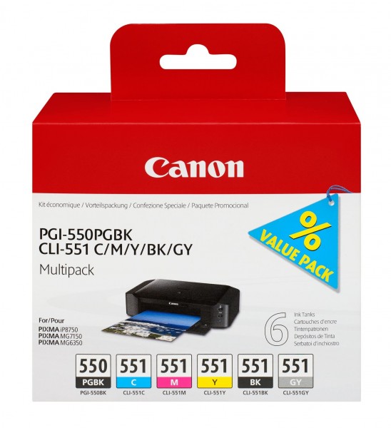 Canon PGI-550/CLI-551 PGBK/C/M/Y/BK/GY Multi Pack - 6er-Pack - Grau, Schwarz, Gelb, Cyan, Magenta - Original - Tintenbehälter - für PIXMA iP7250, iP8750, iX6850, MG5550, MG5650, MG6450, MG6650, MG7150, MG7550, MX725, MX925