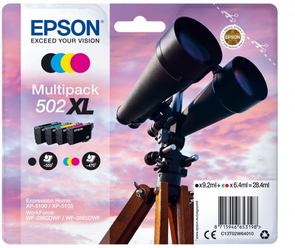 Epson 502XL Multipack - 4er-Pack - XL - Schwarz, Gelb, Cyan, Magenta - Original - Blisterverpackung - Tintenpatrone - für Expression Home XP-5100, XP-5105; WorkForce WF-2860, WF-2860DWF, WF-2865DWF