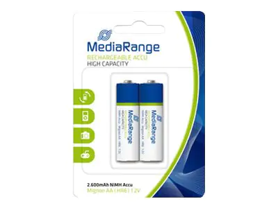 MediaRange MRBAT123 - Batterie AA-Typ - NiMH - (wiederaufladbar) - 2600 mAh (Packung mit 2) MediaRange MRBAT123 - Batterie AA-Typ - NiMH - (wiederaufladbar) - 2600 mAh (Packung mit 2)