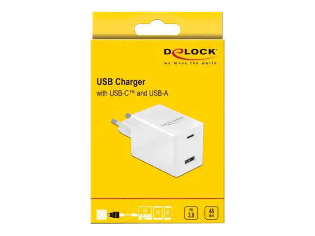 Delock - Netzteil - 48 Watt - 3 A - Fast Charge - 2 Ausgabeanschlussstellen (USB, 24 pin USB-C) - weiß