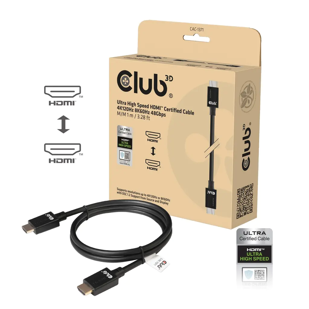 Club 3D Ultra High Speed HDMI 4K120Hz, 8K60Hz Zertifiziertes Kabel 48Gbps St./St. 1 Meter CAC-1371