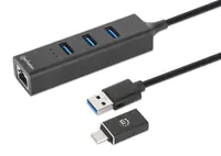 Manhattan USB-C & USB-A Combo Dock/Hub, Ports (4): Ethernet and USB-A (x3), 5 Gbps (USB 3.2 Gen1 aka USB 3.0), External Power Supply Not Needed, USB-A Male with Attachable USB-C Male Adapter, SuperSpeed USB, Black, Three Year Warranty, Retail Box - Hub -
