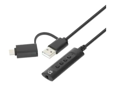 Manhattan USB-C & USB-A to 3.5 mm Stereo Audio Aux Adapter Cable, 2-in-1, Male to Female, Cable 1m, Supports a Headset's Mic and Audio Function, CTIA Standard, Volume and Mute Control, Black - Audiokabel - 3,5 mm Stereo weiblich zu 24 pin USB-C, USB männl