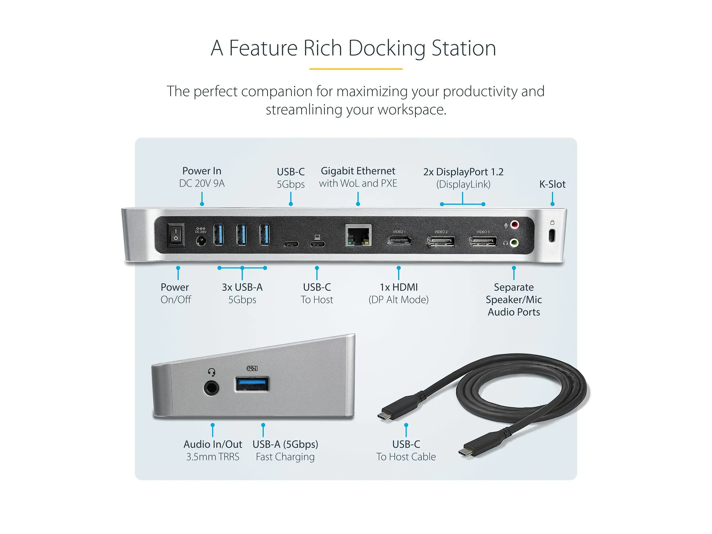 StarTech.com USB-C Dockingstation - Drei 4K Monitor Docking station mit zwei DisplayPort & HDMI - 100W Power Delivery - USB-C, 4x USB-A Hub - USB 3.1 Gen 1 Typ-C Dock - Windows & Mac (DK30CH2DEPUE)