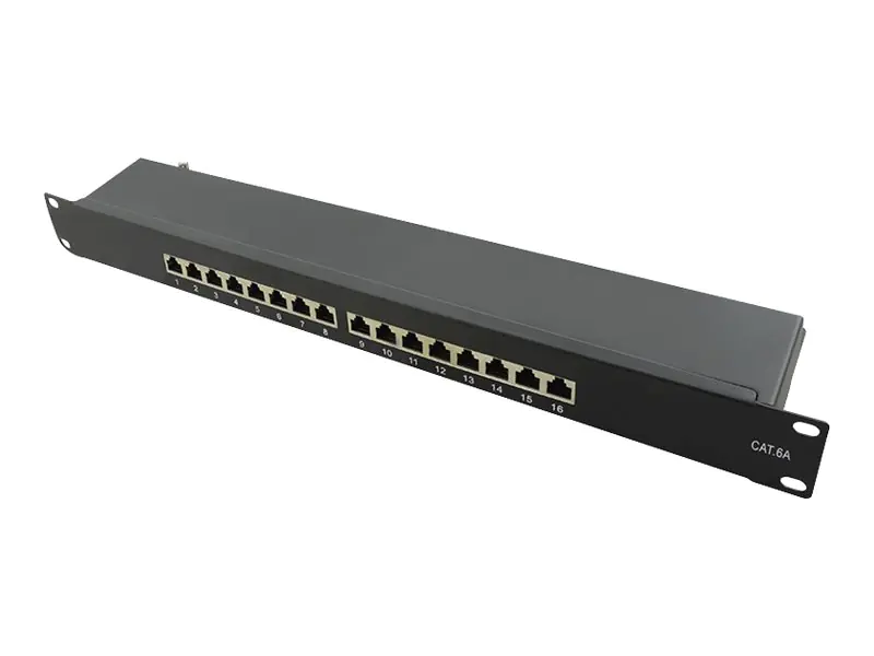 LogiLink Patch Panel - Rack montierbar - CAT 6a - STP - RJ-45 X 16 - RAL 9005, Schwarz - 1U - 48.3 cm (19") NP0076