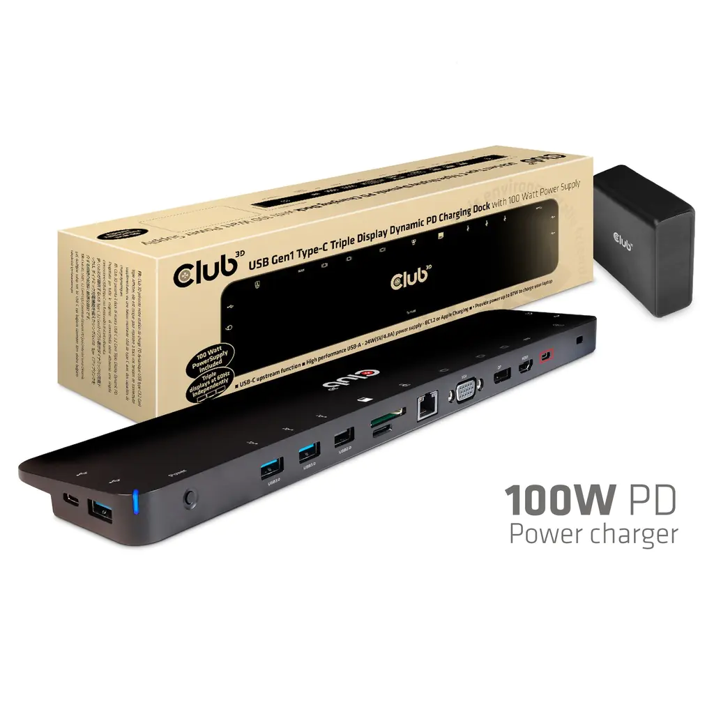 Club 3D - Dockingstation - USB-C 3.2 Gen 1 - VGA, HDMI, DP - 1GbE - 100 Watt