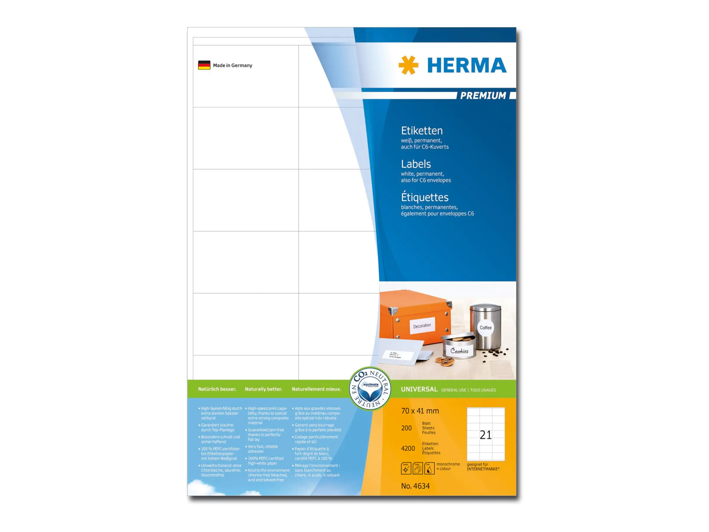 HERMA Etikett Premium 4634 70x41mm matt weiß 4.200 St./Pack.