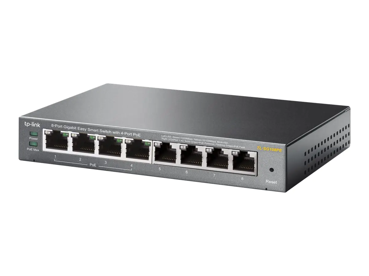 TP-LINK Easy Smart TL-SG108PE - Switch - Smart - 4 x 10/100/1000 (4 PoE) + 4 x 10/100/1000 - Desktop - PoE (55 W) TP-LINK Easy Smart TL-SG108PE - Switch - Smart - 4 x 10/100/1000 (4 PoE) + 4 x 10/100/1000 - Desktop - PoE (55 W)