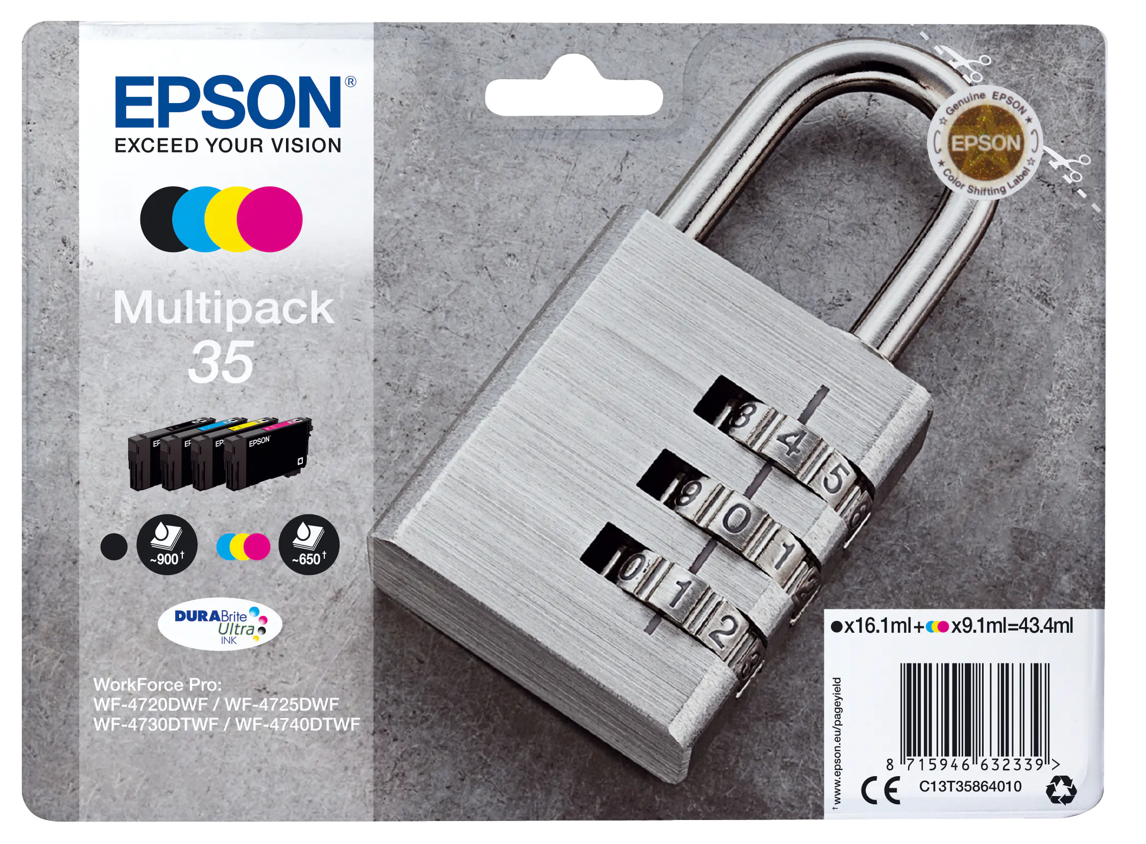 Epson 35 Multipack - 4er-Pack - Schwarz, Gelb, Cyan, Magenta - Original - Blisterverpackung - Tintenpatrone - für WorkForce Pro WF-4720, WF-4720DWF, WF-4725DWF, WF-4730, WF-4730DTWF, WF-4740, WF-4740DTWF Epson 35 Multipack - 4er-Pack - Schwarz, Gelb, Cyan, Magenta - Original - Blisterverpackung - Tintenpatrone - für WorkForce Pro WF-4720, WF-4720DWF, WF-4725DWF, WF-4730, WF-4730DTWF, WF-4740, WF-4740DTWF