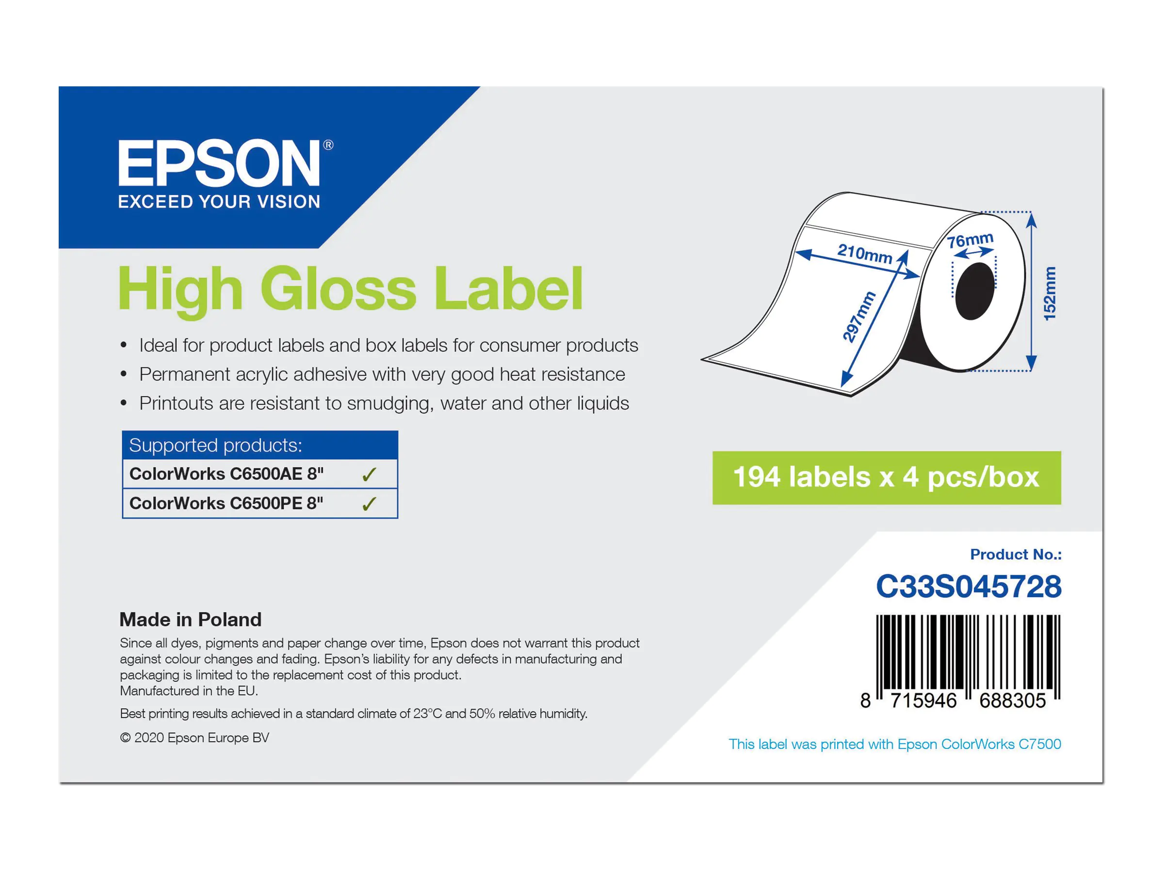 Epson - Hochglänzend - permanenter Acrylklebstoff - mikroporös - weiß - A4 (210 x 297 mm) 776 Etikett(en) (4 Rolle(n) x 194) gestanzte Etiketten - für ColorWorks CW-C6500Ae, CW-C6500Pe