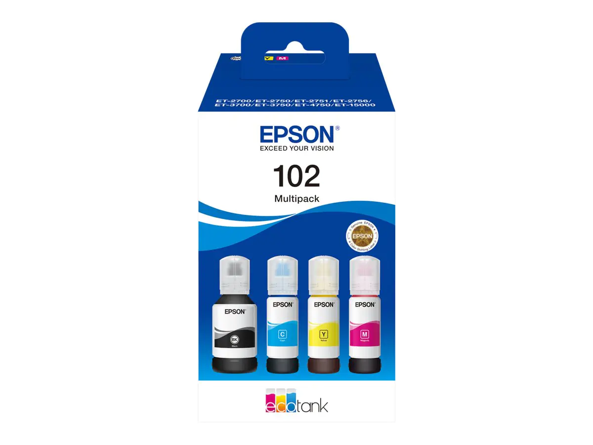 Epson 102 Multipack - 4er-Pack - Schwarz, Gelb, Cyan, Magenta - original - Tintenpatrone - für EcoTank ET-15000, 2750, 2751, 2756, 2850, 2851, 2856, 3850, 4750, 4850, 4856 Epson 102 Multipack - 4er-Pack - Schwarz, Gelb, Cyan, Magenta - original - Tintenpatrone - für EcoTank ET-15000, 2750, 2751, 2756, 2850, 2851, 2856, 3850, 4750, 4850, 4856