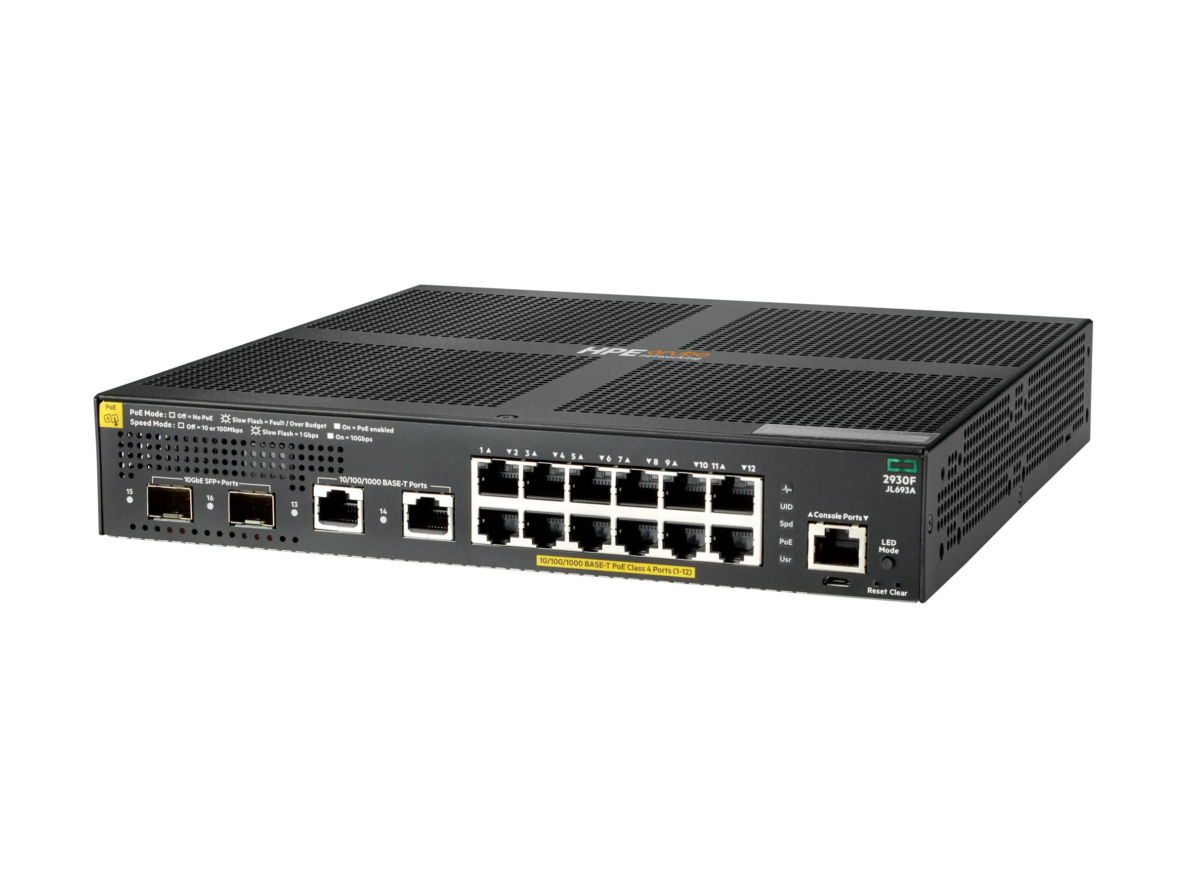 HPE Aruba 2930F 12G PoE+ 2G/2SFP+ - Switch - L3 - managed - 12 x 10/100/1000 (PoE+) + 2 x 1 Gigabit/10 Gigabit SFP+ (Uplink) + 2 x 10/100/1000 - an Rack montierbar - PoE+ (139 W)
