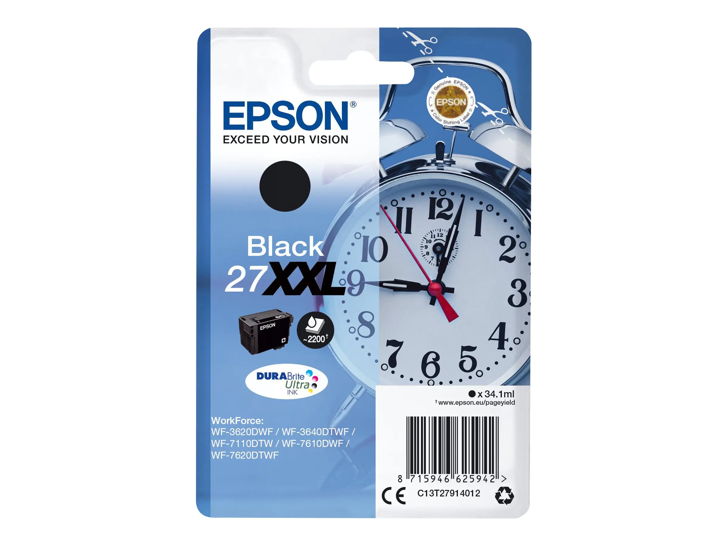 Epson 27XXL - 34.1 ml - XL - Schwarz - Original - Blisterverpackung - Tintenpatrone - für WorkForce WF-3620, WF-3640, WF-7110, WF-7210, WF-7610, WF-7620, WF-7710, WF-7715, WF-7720
