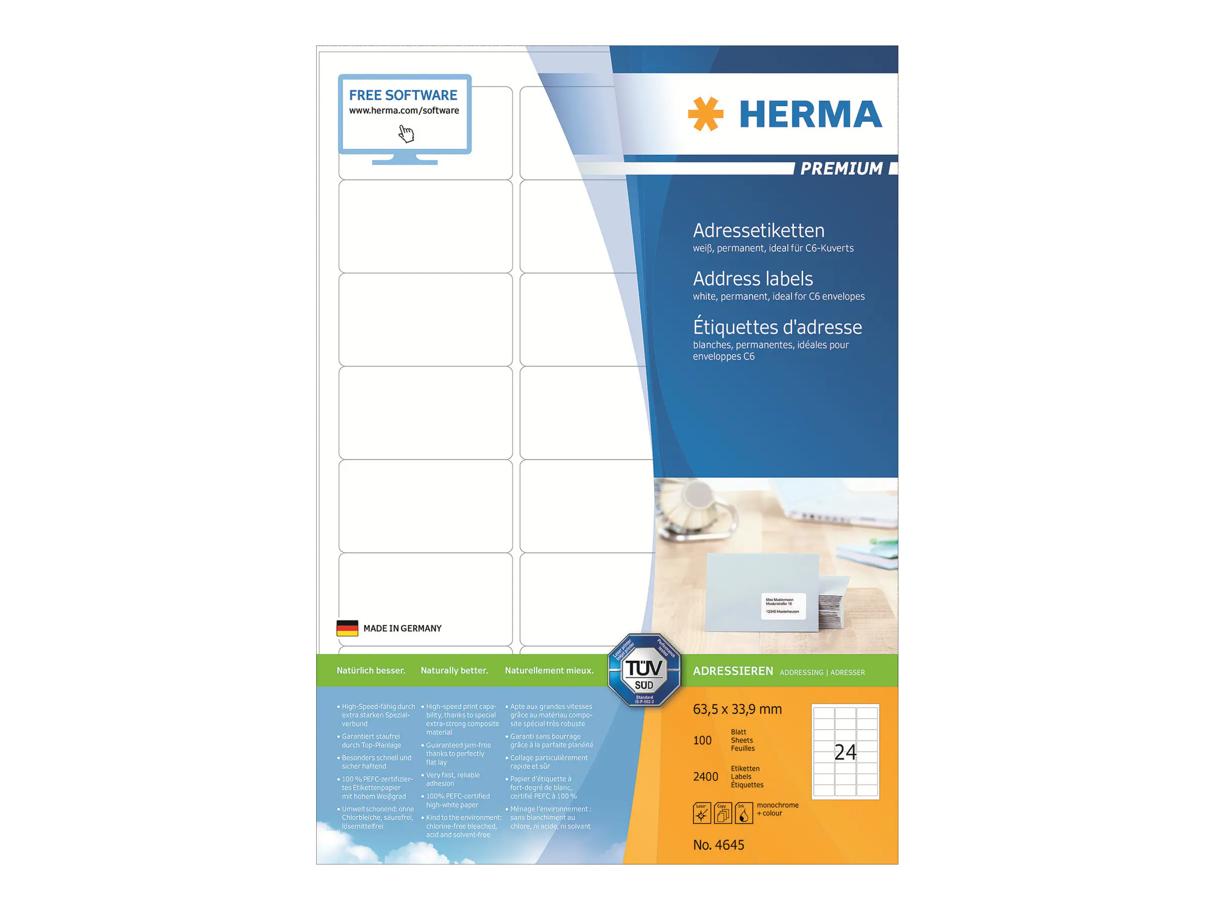 HERMA Adressetikett 4645 63,5x33,9mm weiß 2.400 St./Pack.