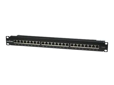 Intellinet 24-Port Cat6 Patchpanel, geschirmt, 24 Ports, FTP, 1 HE, Klemmleisten mit 90 Grad abgewinkelten Kabeleinführungen, schwarz - Patch Panel - CAT 6 - FTP - RJ-45 X 24 - Schwarz - 1U - 48.3 cm (19") 720038