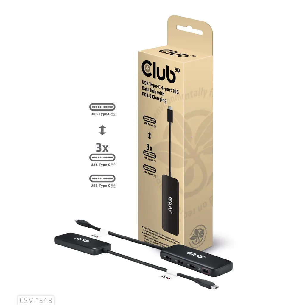 Club 3D USB Typ-C 4-Port 10G Daten-Hub mit PD3.0 Ladefunktion CSV-1548