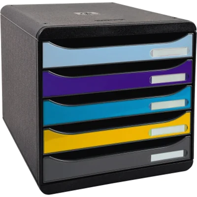 Exacompta Schubladenbox BIG-BOX plus 5 Schubladen DIN A4, Überbreite Polystyrol Gehäusefarbe: schwarz Farbe der Schublade: mehrfarbig Exacompta Schubladenbox BIG-BOX plus 5 Schubladen DIN A4, Überbreite Polystyrol Gehäusefarbe: schwarz Farbe der Schublade: mehrfarbig