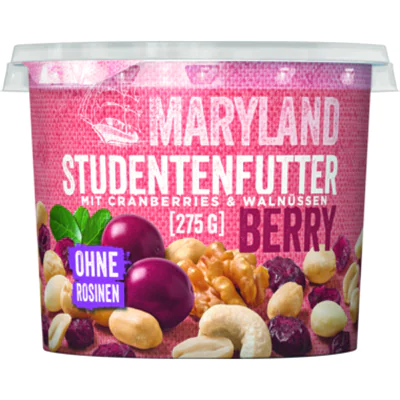 MARYLAND Studentenfutter Berry Erdnüssen, Cashewkernen, Walnüssen, Mandeln, getrockneten Cranberries 275 g/Pack. MARYLAND Studentenfutter Berry Erdnüssen, Cashewkernen, Walnüssen, Mandeln, getrockneten Cranberries 275 g/Pack.