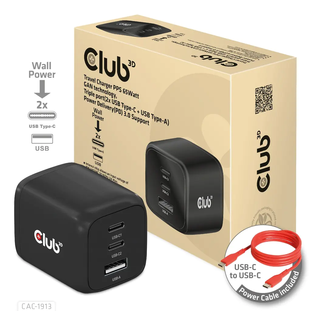 Club 3D Ladegerät PPS 65Watt GAN, (2x USB Typ-C + USB Typ-A), PD 3.0 CAC-1913EU