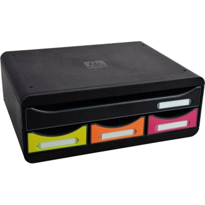 Exacompta Schubladenbox TOOLBOX Mini 4 Schubladen DIN A4 quer Polystyrol Gehäusefarbe: schwarz Farbe der Schublade: harlekin Exacompta Schubladenbox TOOLBOX Mini 4 Schubladen DIN A4 quer Polystyrol Gehäusefarbe: schwarz Farbe der Schublade: harlekin