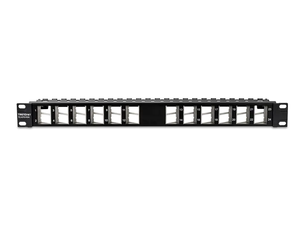 Trendnet TC-KP24SA - Patch Panel - abgewinkeltes geschirmtes Keystone-Patchpanel - Rack montierbar - CAT 6a - Schwarz - 1U - 48.3 cm (19") - 24 Ports - TAA-konform Trendnet TC-KP24SA - Patch Panel - abgewinkeltes geschirmtes Keystone-Patchpanel - Rack montierbar - CAT 6a - Schwarz - 1U - 48.3 cm (19") - 24 Ports - TAA-konform