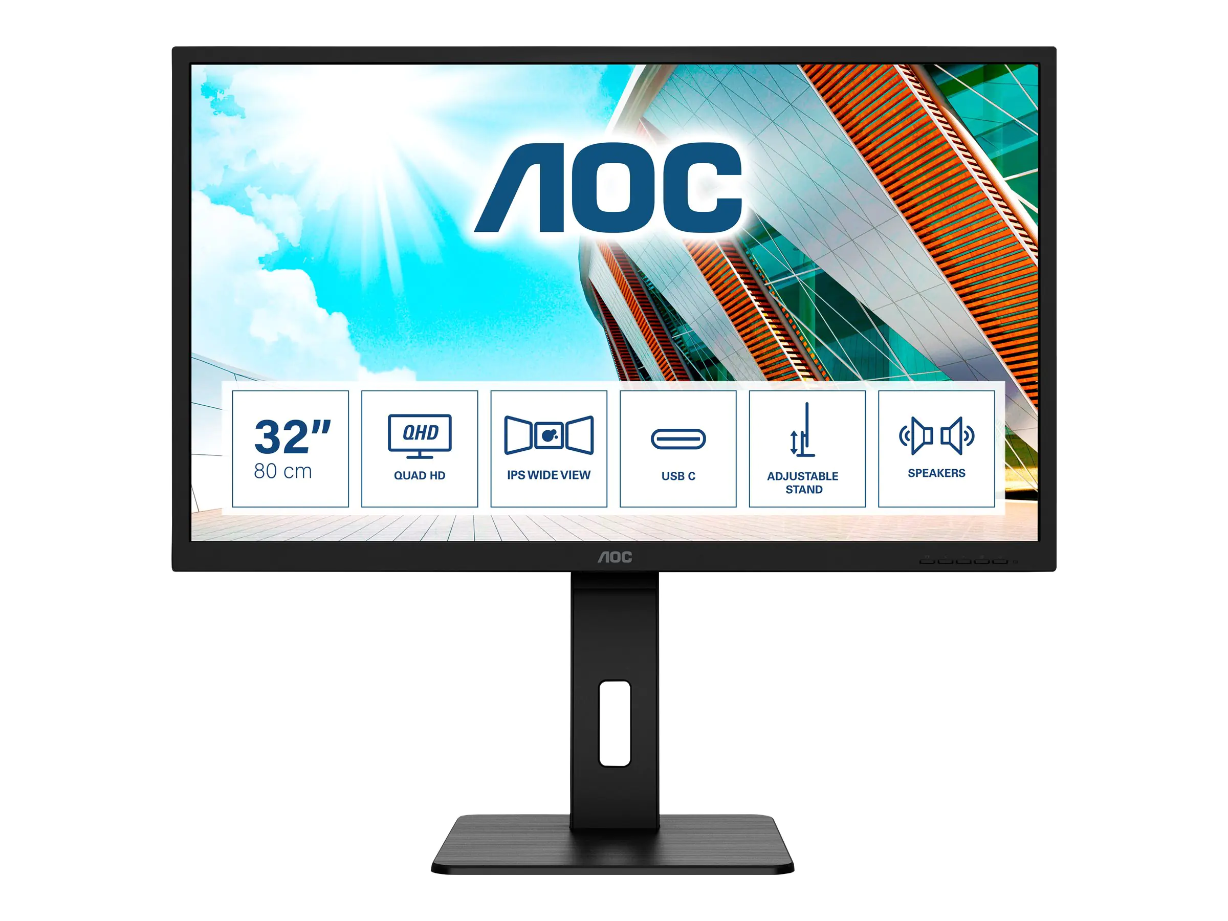 AOC Q32P2CA - LED-Monitor - 81.3 cm (32") (31.5" sichtbar) - 2560 x 1440 QHD @ 75 Hz - IPS - 250 cd/m² - 4 ms - 2xHDMI, DisplayPort, USB-C