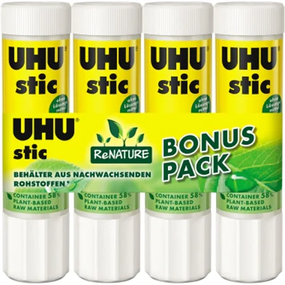 UHU® Klebestift stic ReNATURE nicht nachfüllbar 4 x 21 g/Pack. UHU® Klebestift stic ReNATURE nicht nachfüllbar 4 x 21 g/Pack.