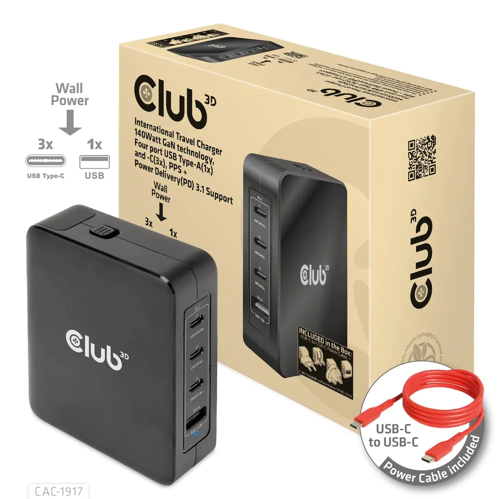 Club 3D Ladegerät 140W GaN PPS + Power Delivery (PD) 3.1 Unterstützung CAC-1917