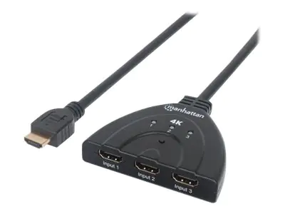 Manhattan HDMI Switch 3-Port, 4K@60Hz, Connects x3 HDMI sources to x1 display, Manual Switching (via button), Integrated Cable (58cm), No external power required, Black, Three Year Warranty, Blister - Video/Audio-Schalter - 3 x HDMI - Desktop