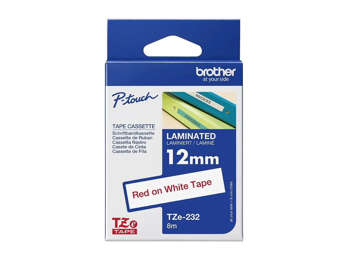 Brother TZe-232 - Standard-Klebstoff - Rot auf Weiß - Rolle (1,2 cm x 8 m) TZE232