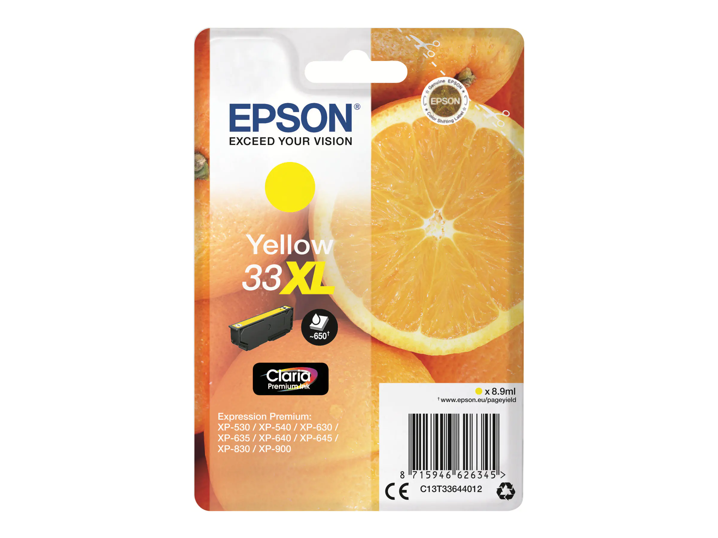 Epson 33XL - 8.9 ml - XL - Gelb - Original - Blisterverpackung - Tintenpatrone - für Expression Home XP-635, 830; Expression Premium XP-530, 540, 630, 635, 640, 645, 830, 900 Epson 33XL - 8.9 ml - XL - Gelb - Original - Blisterverpackung - Tintenpatrone - für Expression Home XP-635, 830; Expression Premium XP-530, 540, 630, 635, 640, 645, 830, 900