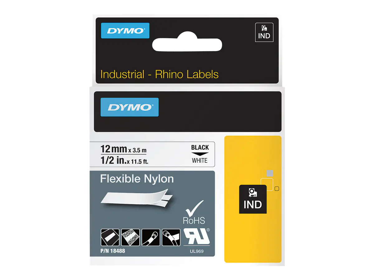 Dymo IND - Nylon - Klebstoff - Schwarz auf Weiß - Rolle (1,2 cm x 4 m) 18488
