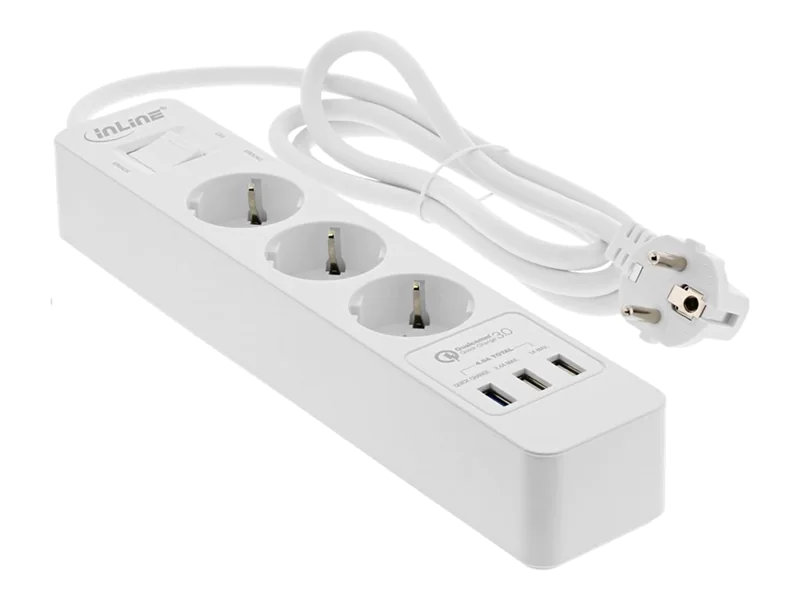 InLine - Steckdosenleiste - AC 220-250 V - 4000 Watt - Ausgangsanschlüsse: 3 (3 x USB Typ A, 3 x Strom Typ F) - 1.5 m Schnur - Deutschland - weiß