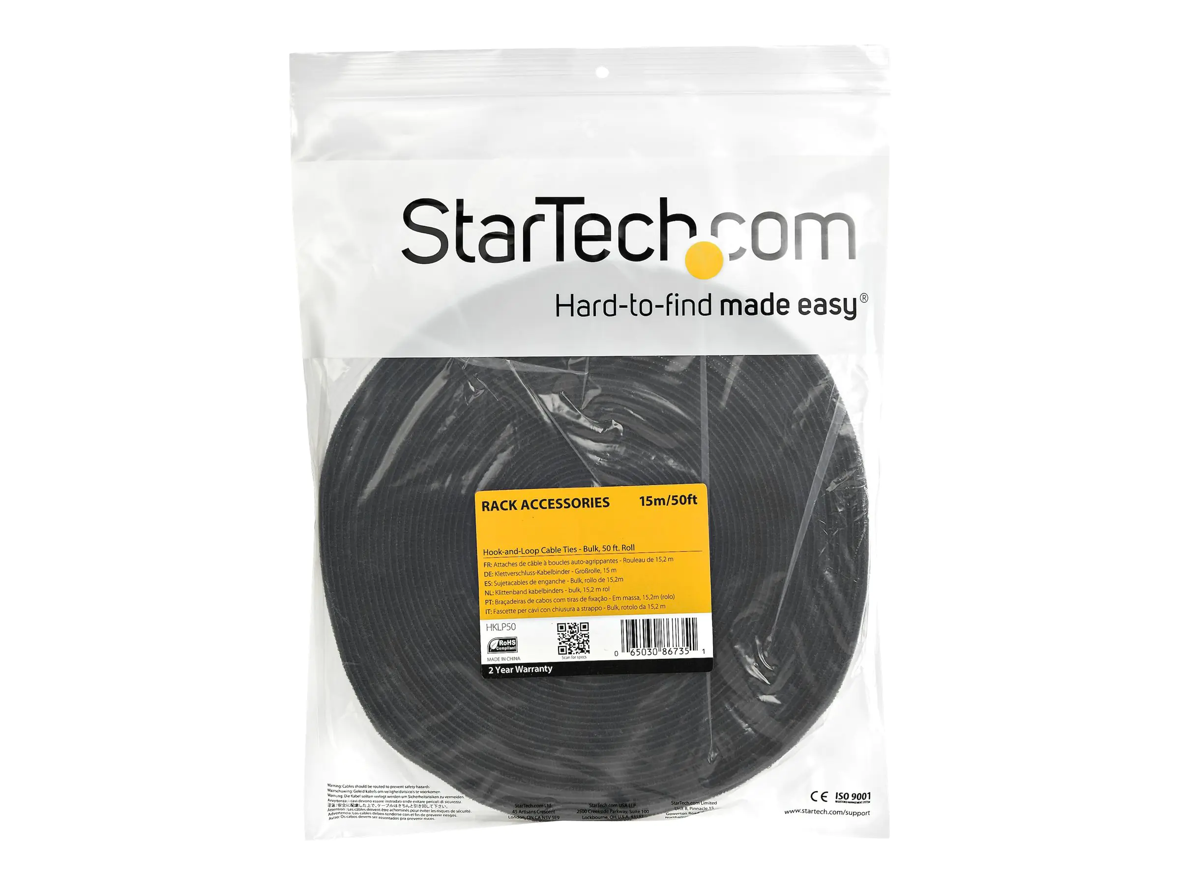StarTech Klettverschluss 15m Rolle - Schwarz - Kabelbinderrolle - 15.24 m - für P/N: HKLP50BL, HKLP50GN, HKLP50RD, HKLP50YW