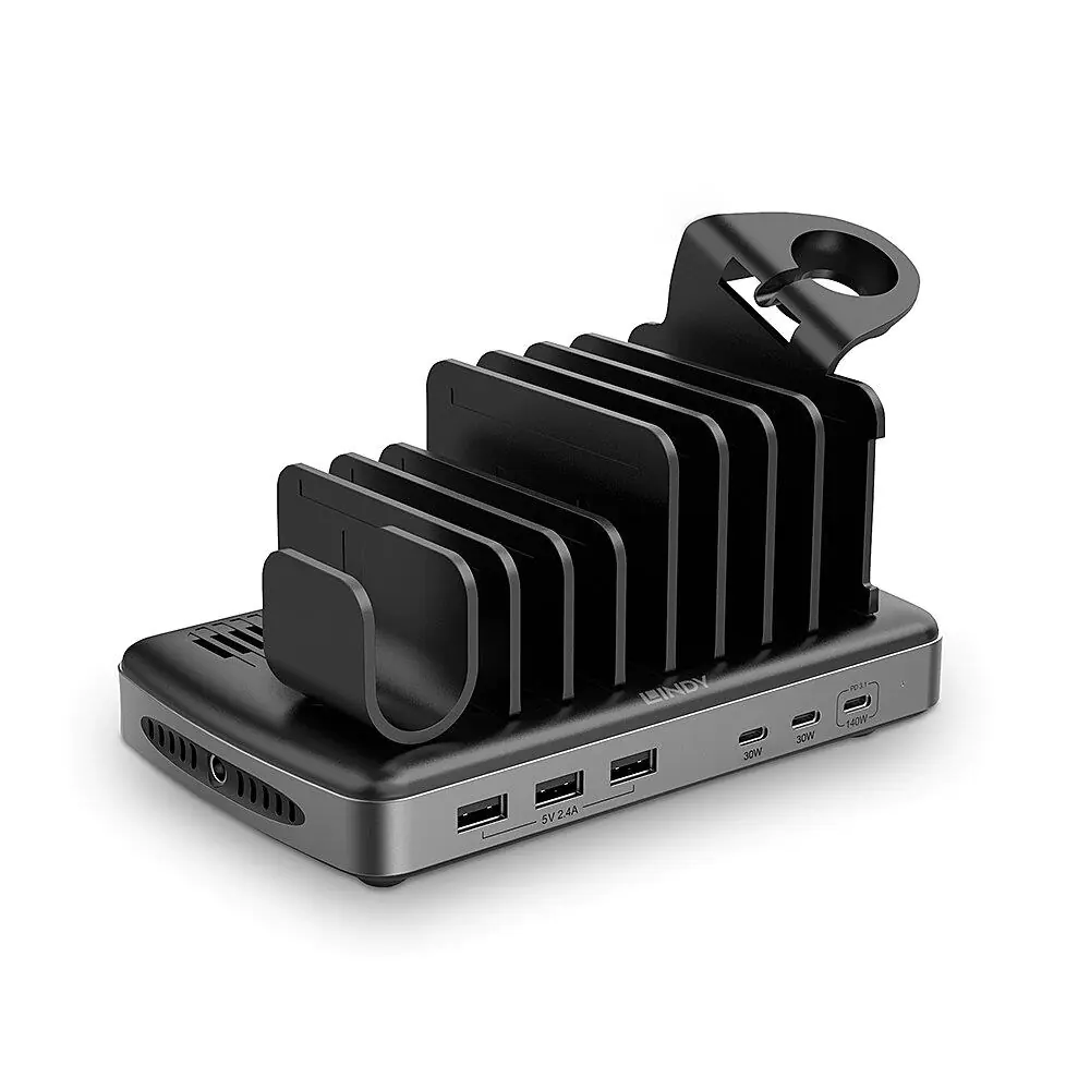 Lindy - Ladestation - 160 Watt - PD 2.0, PD 3.0, QC 3.0, QC 4.0, AFC, Power Delivery 3.1, USB BC 1.2, Apple 2.4A, PD/PPS - 6 Ausgabeanschlussstellen (3 x USB Typ A, 3 x USB-C) - Grau, Schwarz