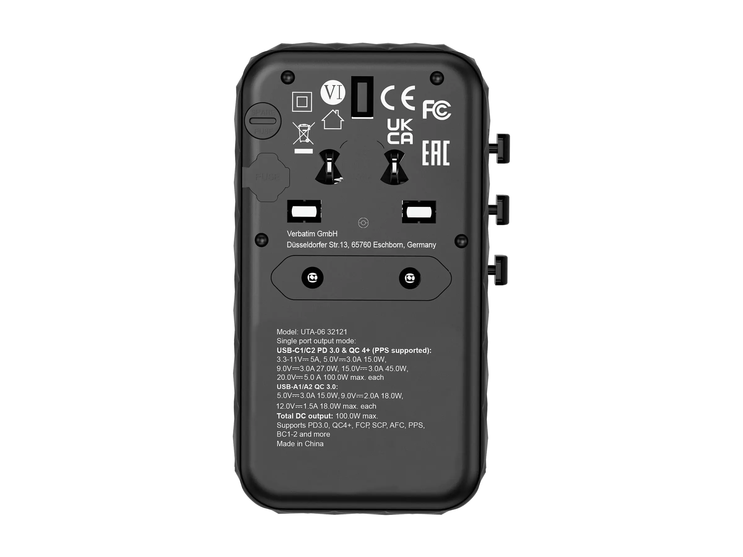 Verbatim UTA-06 - Netzteil - GaN III, universell - 100 Watt - 5 A - PD 3.0, QC 4.0+, QC 3.0, Fast Charge, Super Charge, Apple Fast Charge, PD/PPS, USB BC 1.2 - 4 Ausgabeanschlussstellen (2 x USB, 2 x USB-C) 32121