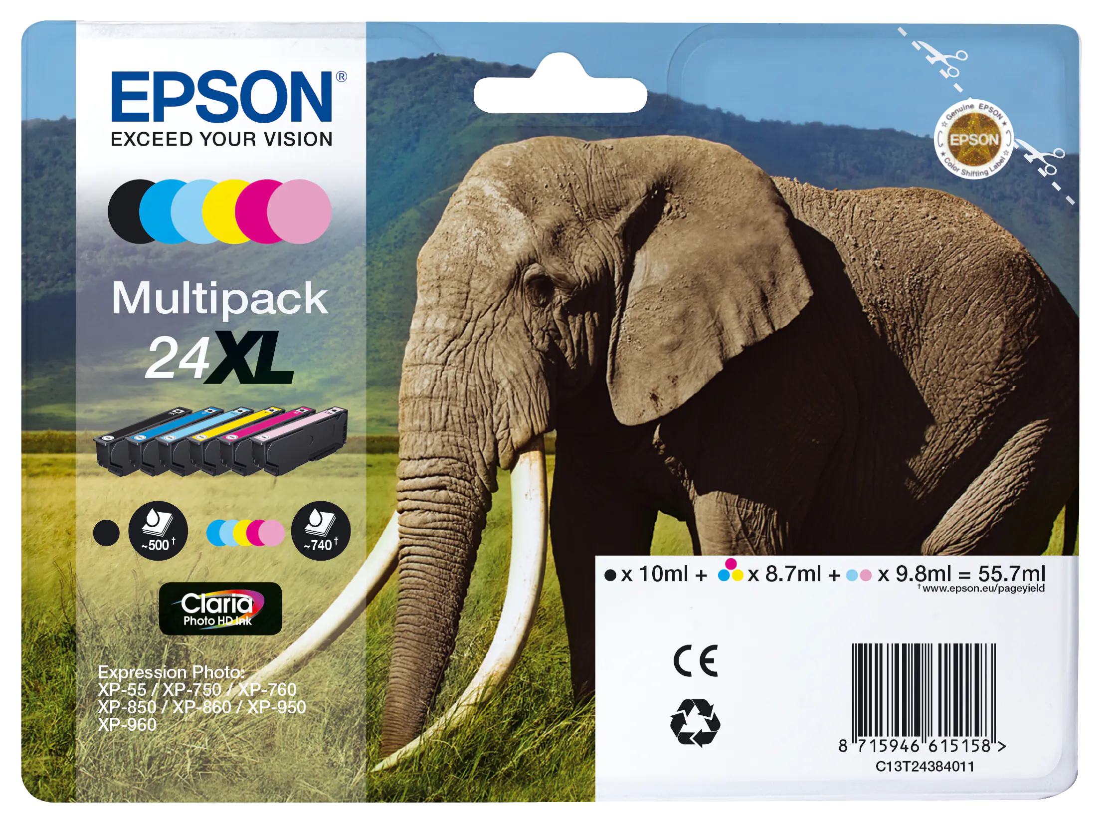 Epson 24XL Multipack - 6er-Pack - 55.7 ml - XL - Schwarz, Gelb, Cyan, Magenta, hellmagentafarben, hell Cyan - Original - Blisterverpackung - Tintenpatrone - für Expression Photo XP-55, 750, 760, 850, 860, 950, 960, 970; Expression Premium XP-750, 850 Epson 24XL Multipack - 6er-Pack - 55.7 ml - XL - Schwarz, Gelb, Cyan, Magenta, hellmagentafarben, hell Cyan - Original - Blisterverpackung - Tintenpatrone - für Expression Photo XP-55, 750, 760, 850, 860, 950, 960, 970; Expression Premium XP-750, 850